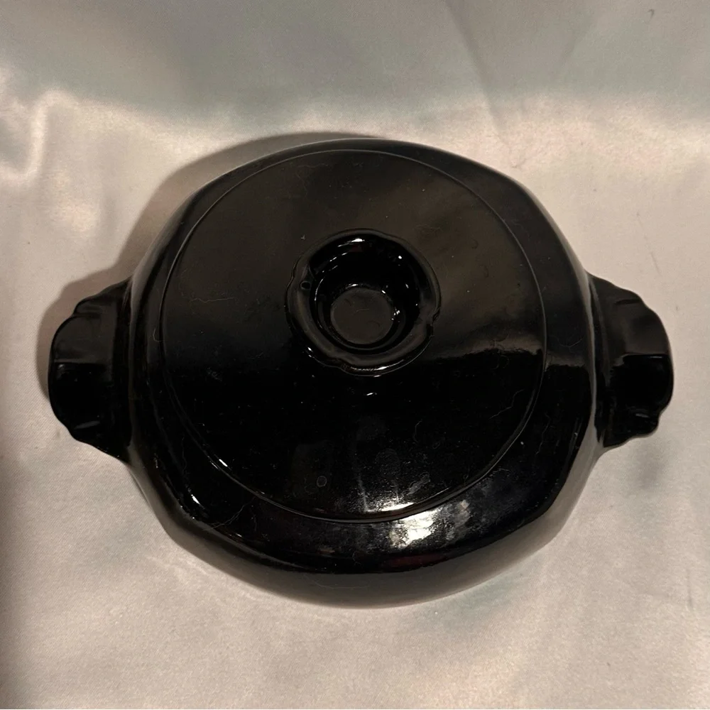Vintage Frankoma Pottery Gloss Black Ceramic Casserole Dish Art Deco